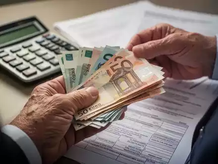 Ältere Hände halten Euro-Banknoten, mit einem Taschenrechner und Dokumenten im Hintergrund, die finanzielle Anpassungen symbolisieren. - Foto: über boerse-global.de