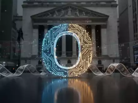 Stilisiertes 'O' für OpenAI aus leuchtenden Leiterbahnlinien, mit schwachem Börsenticker und verschwommener NYSE. - Foto: über boerse-global.de