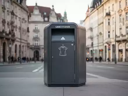 Ein einzelner, moderner Altkleidercontainer auf einer ruhigen Straße in München mit unscharfen historischen Gebäuden im Hintergrund. - Foto: über boerse-global.de