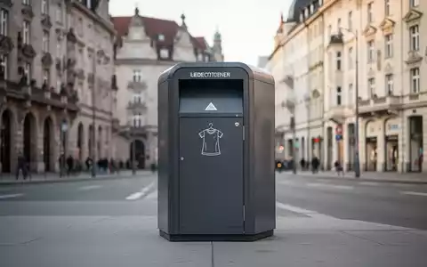 Ein einzelner, moderner Altkleidercontainer auf einer ruhigen Straße in München mit unscharfen historischen Gebäuden im Hintergrund. - Foto: über boerse-global.de