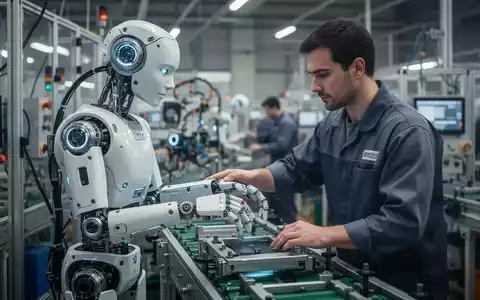 Ein humanoider Roboter und ein menschlicher Arbeiter arbeiten gemeinsam an einer Montagelinie in einer modernen Fabrik. - Foto: über boerse-global.de