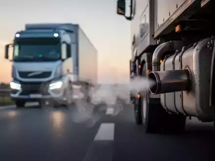 Ein detailliertes Bild eines LKW-Auspuffs mit sichtbarer CO2-Emission, im Hintergrund verschwommen ein Elektro-LKW auf einer Autobahn. - Foto: über boerse-global.de