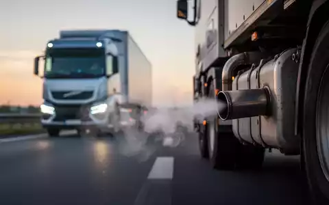 Ein detailliertes Bild eines LKW-Auspuffs mit sichtbarer CO2-Emission, im Hintergrund verschwommen ein Elektro-LKW auf einer Autobahn. - Foto: über boerse-global.de