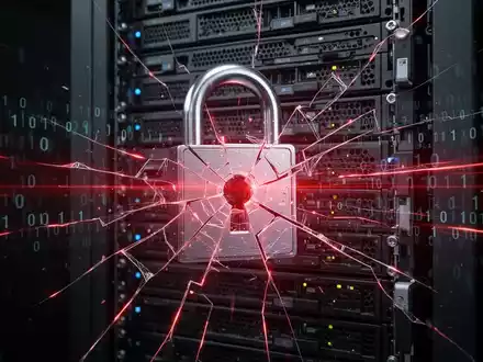 Glühendes rotes digitales Schloss mit Bruchlinien über dunklem Serverrack mit fließendem Binärcode, symbolisiert Cyber-Sicherheitsverletzung. - Foto: über boerse-global.de