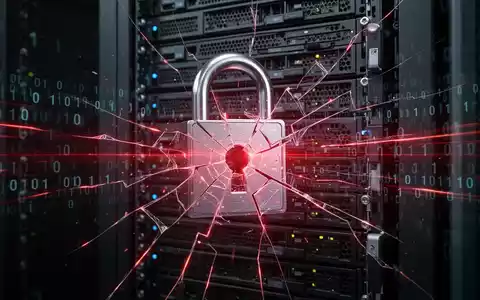 Glühendes rotes digitales Schloss mit Bruchlinien über dunklem Serverrack mit fließendem Binärcode, symbolisiert Cyber-Sicherheitsverletzung. - Foto: über boerse-global.de