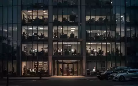 Dunkles, modernes Bürogebäude bei Dämmerung, einige Fenster zeigen arbeitende Angestellte. Symbolisiert den Wandel in der Arbeitswelt. - Foto: über boerse-global.de