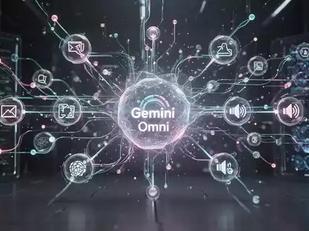 Abstrakte Visualisierung eines leuchtenden zentralen Knotens, der verschiedene Datenströme verbindet und Googles multimodale KI Gemini Omni repräsentiert. - Foto: über boerse-global.de
