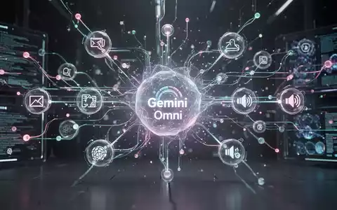 Abstrakte Visualisierung eines leuchtenden zentralen Knotens, der verschiedene Datenströme verbindet und Googles multimodale KI Gemini Omni repräsentiert. - Foto: über boerse-global.de