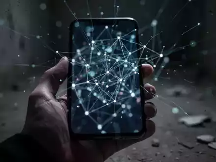 Eine Hand hält ein Smartphone mit verschwommenem, abstraktem digitalem Netzwerk auf dem Bildschirm, das Cyberbetrug und Datendiebstahl darstellt. - Foto: über boerse-global.de