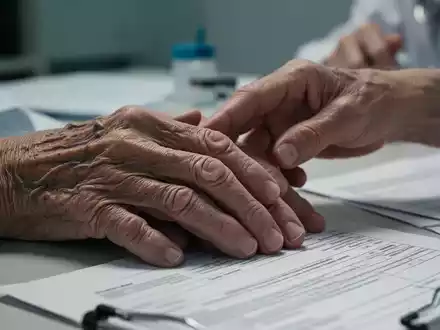 Nahaufnahme der Hände einer älteren Person, die auf einem Tisch ruhen, sanft berührt von einer anderen Hand. - Foto: über boerse-global.de
