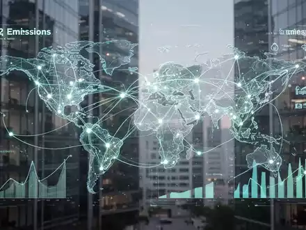 Eine stilisierte, leuchtende digitale Infografik zeigt komplexe, vernetzte Datenpunkte und Linien, die globale Lieferketten und CO2-Emissionen darstellen. - Foto: über boerse-global.de
