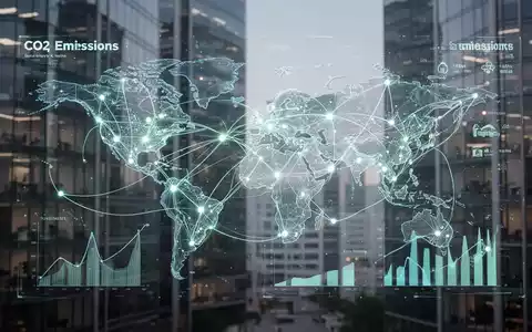 Eine stilisierte, leuchtende digitale Infografik zeigt komplexe, vernetzte Datenpunkte und Linien, die globale Lieferketten und CO2-Emissionen darstellen. - Foto: über boerse-global.de