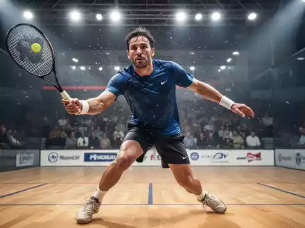 Ein dynamisches Bild eines Squashspielers in Aktion auf einem hell beleuchteten Platz, der die Intensität des Sports hervorhebt. - Foto: über boerse-global.de