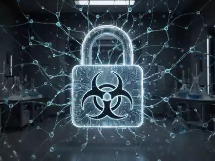 Leuchtendes digitales Vorhängeschloss mit Biohazard-Symbol über einem neuronalen Netzwerk, symbolisiert KI-Biosicherheit und Bug-Bounty-Programme. - Foto: über boerse-global.de