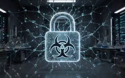 Leuchtendes digitales Vorhängeschloss mit Biohazard-Symbol über einem neuronalen Netzwerk, symbolisiert KI-Biosicherheit und Bug-Bounty-Programme. - Foto: über boerse-global.de
