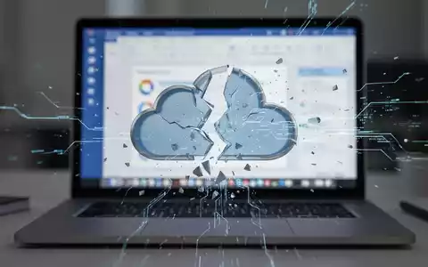 Kaputtes Cloud-Symbol auf Laptop-Bildschirm mit PowerPoint-PrĂ€sentation. - Foto: ĂŒber boerse-global.de