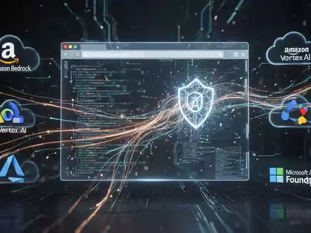 Abstrakte Visualisierung von KI-Browsing in sicherer Sandbox-Umgebung mit Datenströmen und holografischen Schnittstellen, umgeben von Cloud-Plattform-Symbolen. - Foto: über boerse-global.de