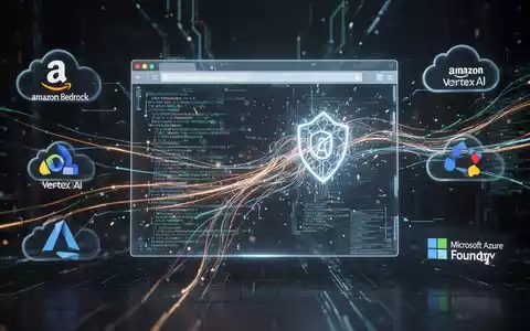 Abstrakte Visualisierung von KI-Browsing in sicherer Sandbox-Umgebung mit Datenströmen und holografischen Schnittstellen, umgeben von Cloud-Plattform-Symbolen. - Foto: über boerse-global.de