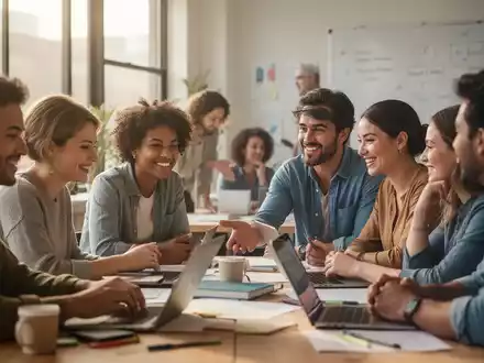 Eine vielfältige Gruppe von Menschen, die in einem Kurs interagieren, während sie an ihrer persönlichen Entwicklung arbeiten. - Foto: über boerse-global.de