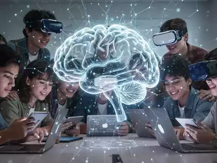 Eine Gruppe junger Menschen interagiert mit digitalen Geräten, überlagert von einem leuchtenden, stilisierten neuronalen Netzwerk, das Lernen und Technologie symbolisiert. - Foto: über boerse-global.de
