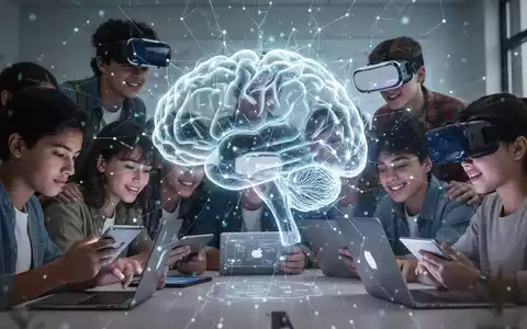 Eine Gruppe junger Menschen interagiert mit digitalen Geräten, überlagert von einem leuchtenden, stilisierten neuronalen Netzwerk, das Lernen und Technologie symbolisiert. - Foto: über boerse-global.de