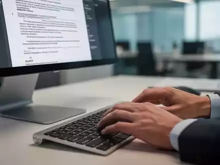 Nahaufnahme von Händen, die an einer Computertastatur in einem modernen Büro tippen, mit einem juristischen Dokument auf dem Bildschirm. - Foto: über boerse-global.de