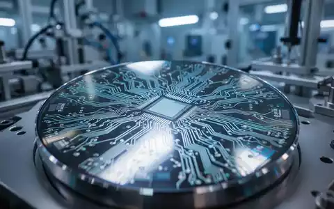 Nahaufnahme eines Halbleiterwafers mit komplexen Schaltungsmustern und verschwommenen Industrieanlagen im Hintergrund. - Foto: über boerse-global.de