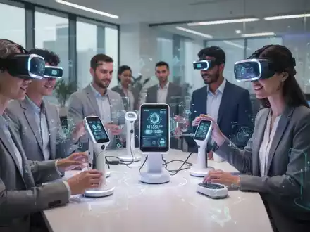 Mitarbeitende nutzen KI-gestützte Gesundheitsgeräte und VR-Headsets in einem modernen Büro, symbolisierend digitale Gesundheitsförderung. - Foto: über boerse-global.de