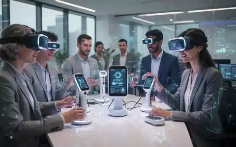 Mitarbeitende nutzen KI-gestützte Gesundheitsgeräte und VR-Headsets in einem modernen Büro, symbolisierend digitale Gesundheitsförderung. - Foto: über boerse-global.de