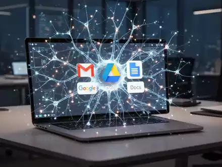Leuchtendes neuronales Netzwerk über Laptop-Bildschirm mit Google Workspace-Symbolen, symbolisiert KI-Steuerung und Datenmanagement. - Foto: über boerse-global.de