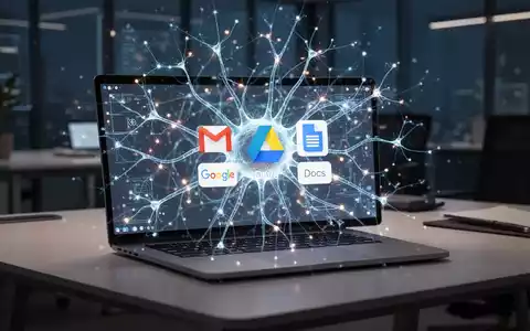 Leuchtendes neuronales Netzwerk über Laptop-Bildschirm mit Google Workspace-Symbolen, symbolisiert KI-Steuerung und Datenmanagement. - Foto: über boerse-global.de