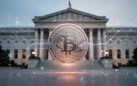 Stilisierte Stablecoin mit digitalen Elementen, überlagert von einem unscharfen Regierungsgebäude, symbolisiert Finanzregulierung. - Foto: über boerse-global.de