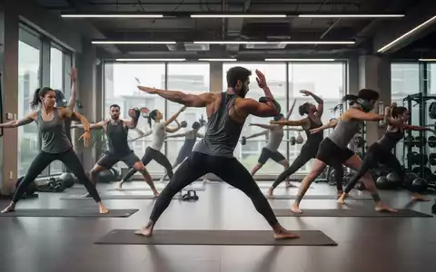Eine Gruppe von Menschen praktiziert Yoga und Krafttraining in einem modernen Fitnessstudio, um die Kombination beider Trainingsformen zu symbolisieren. - Foto: über boerse-global.de