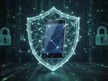 Ein stilisiertes digitales Schutzschild um ein Smartphone, umgeben von leuchtenden Netzwerklinien und Binärcode, symbolisiert Cybersicherheit. - Foto: über boerse-global.de