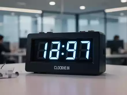Nahaufnahme einer digitalen Zeiterfassungsuhr, die einen Zeitstempel anzeigt, im Hintergrund ein unscharfes modernes Büro. - Foto: über boerse-global.de