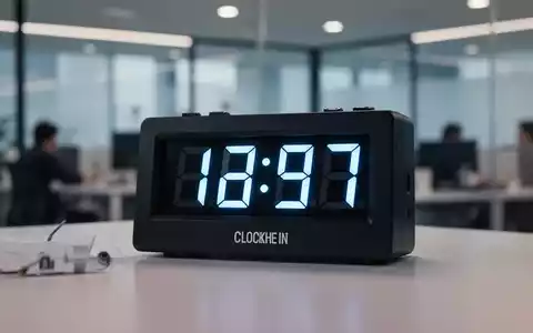Nahaufnahme einer digitalen Zeiterfassungsuhr, die einen Zeitstempel anzeigt, im Hintergrund ein unscharfes modernes Büro. - Foto: über boerse-global.de