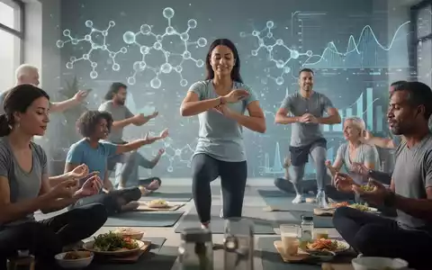 Eine Gruppe von Menschen, die sich in gesunden Aktivitäten wie leichtem Sport und achtsamem Essen engagieren, im Hintergrund abstrakte Wissenschaftselemente. - Foto: über boerse-global.de
