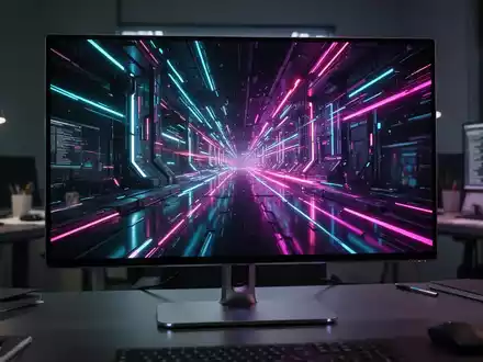 Nahaufnahme eines eleganten, modernen OLED-Monitors mit lebendigen, kontrastreichen Grafiken in einem professionellen Umfeld. - Foto: über boerse-global.de