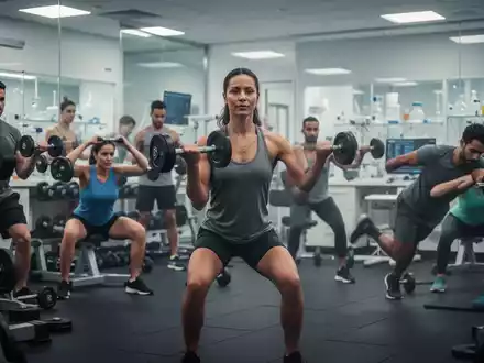 Eine Gruppe von Menschen trainiert in einem modernen Fitnessstudio, mit einer verschwommenen Darstellung von medizinischer Ausrüstung im Hintergrund. - Foto: über boerse-global.de