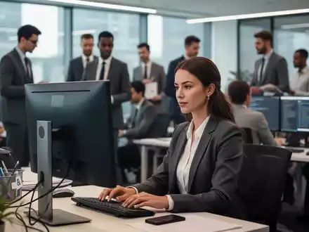 Büroangestellte arbeiten in einem modernen Büro, eine Frau konzentriert sich auf ihren Computer. Symbolisiert Büromanagement und Assistenz. - Foto: über boerse-global.de
