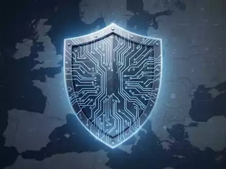Ein stilisiertes Schild mit Leiterplattenmuster, das Datensouveränität und Cybersicherheit symbolisiert. - Foto: über boerse-global.de