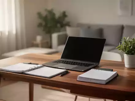 Ein minimalistisches, aufgeräumtes Heimbüro mit einem Laptop, einem Planer und einer Pflanze auf einem Schreibtisch, umgeben von sanftem Licht. - Foto: über boerse-global.de
