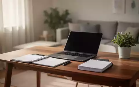 Ein minimalistisches, aufgeräumtes Heimbüro mit einem Laptop, einem Planer und einer Pflanze auf einem Schreibtisch, umgeben von sanftem Licht. - Foto: über boerse-global.de