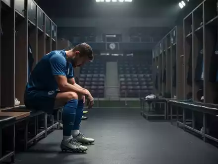 Ein einsamer, nachdenklicher ehemaliger Sportler sitzt allein in einer leeren Umkleidekabine, den Kopf gesenkt, was Verlust und Reflexion vermittelt. - Foto: über boerse-global.de