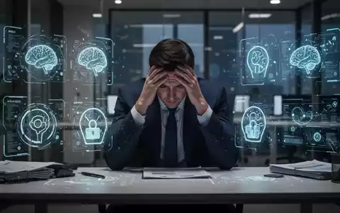 Ein gestresster Geschäftsangestellter mit dem Kopf in den Händen an einem Schreibtisch, umgeben von digitalen Schnittstellen mit KI-Symbolen. - Foto: über boerse-global.de