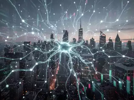 Glühendes, abstraktes neuronales Netzwerk über futuristischer Stadtlandschaft, Symbol für KI in Finanz- und Digitalbanking-Karrieren. - Foto: über boerse-global.de