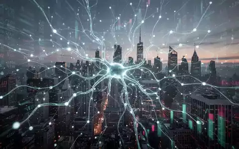Glühendes, abstraktes neuronales Netzwerk über futuristischer Stadtlandschaft, Symbol für KI in Finanz- und Digitalbanking-Karrieren. - Foto: über boerse-global.de