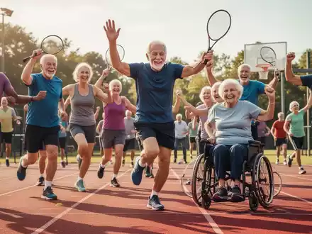 Eine vielfältige Gruppe von Menschen jeden Alters, die gemeinsam Sport treiben und Erfolge feiern, mit Fokus auf Gemeinschaft und Bewegung. - Foto: über boerse-global.de