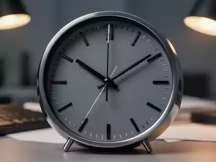 Nahaufnahme einer modernen Analoguhr, deren Zeiger Mitternacht nähern, mit einem unscharfen Bürohintergrund. Symbolisiert Überstunden und Arbeitszeit. - Foto: über boerse-global.de