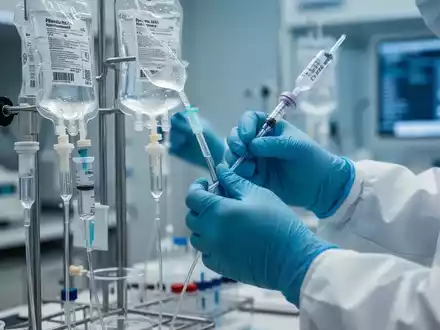 Nahaufnahme von Händen in medizinischen Handschuhen, die in einem Labor mit Infusionsbeuteln und medizinischen Geräten arbeiten. - Foto: über boerse-global.de